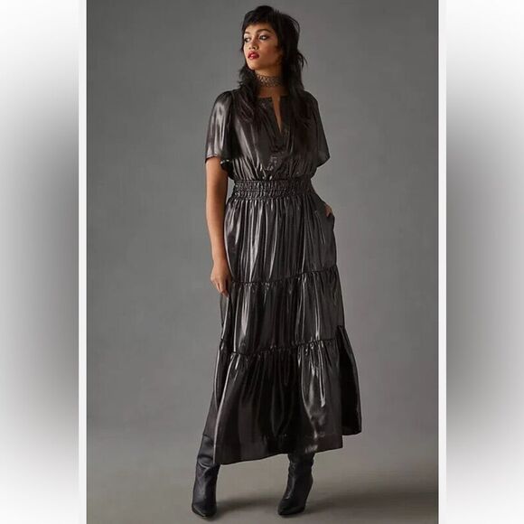 ANTHROPOLOGY Dress Somerset Maxi Shine Edition Metallic Black Size S - Picture 1 of 14